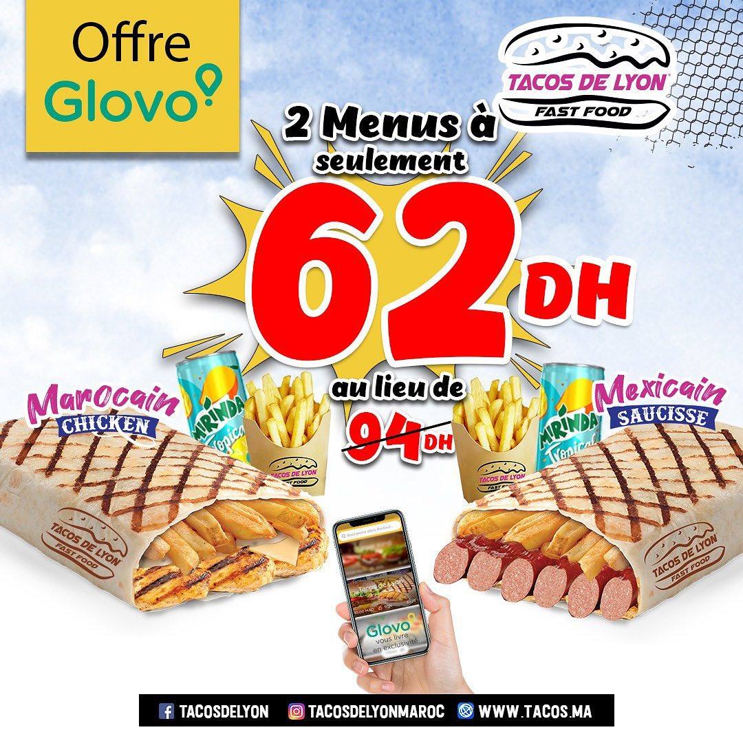 Offre Tacos De Lyon Maroc 2 Menus à Seulement 62DH Glovo Maroc