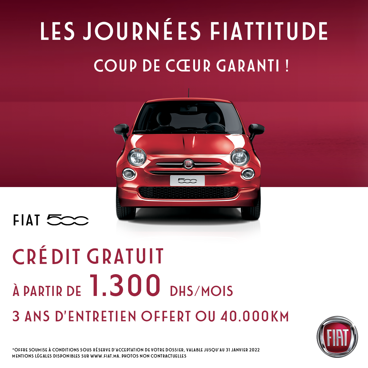 Profitez Fiat Maroc Fiat 500 Crédit Gratuit à Partir de 1300Dhs/mois
