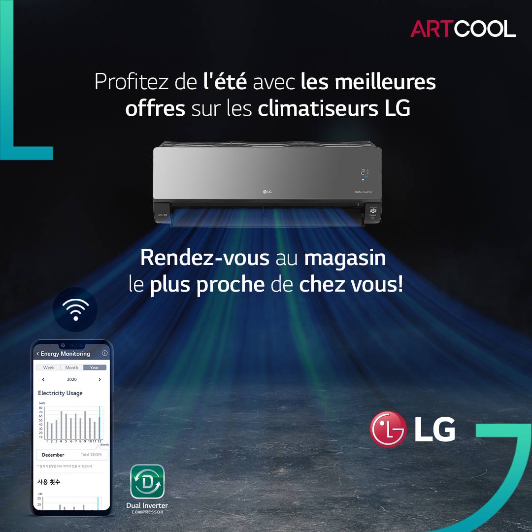 Promotion LG Maroc: ARTCOOL MIRROR UVnano Climatiseur Réversible 12000 BTU, WiFi, Chauffage